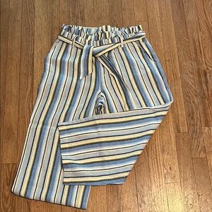 Fever Blue and White Striped Capris with Elastic Paperbag Waistband
